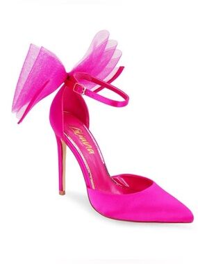 Liliana Hot Pink Satin Pointed-Toe Ankle-Strap Pump w/ Statement Tulle Bow NWT